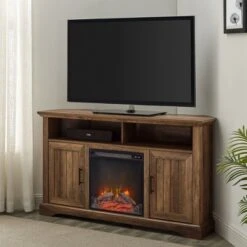 Kevland 2 Door Transitional Corner Highboy TV Stand with Fireplace for TVs up to 60" - Saracina Home Rustic Oak