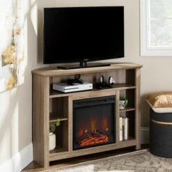 Wood Open Shelf Corner Highboy Electric Fireplace TV Stand for TVs up to 50" - Saracina Home Black