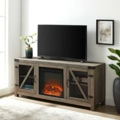 Clarabelle Rustic Farmhouse Electric Fireplace TV Stand for TVs up to 65" - Saracina Home Stone Gray