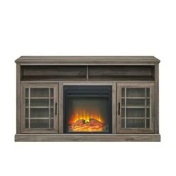 Gertie Transitional Highboy Glass Window Pane Door with Electric Fireplace TV Stand for TVs up to 65" - Saracina Home Gray Wash