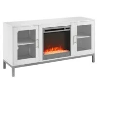 Modern Wood Electric Fireplace TV Stand with Glass Doors for TVs up to 58" White - Saracina Home