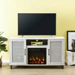 54" Transitional Electric Fireplace Saw Cut TV Stand for TVs up to 60" Off White - Home Essentials