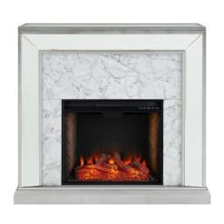 Tynchel Mirrored Smart Fireplace with Faux Stone Antique Silver - Aiden Lane