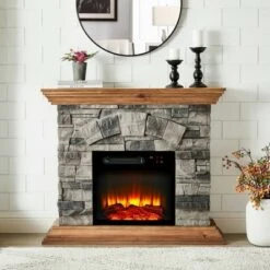 40" Freestanding Electric Fireplace Tan - Home Essentials