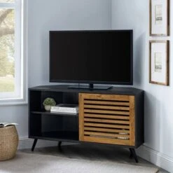 Visconti Modern Boho Sliding Slat Door Corner TV Stand for TVs up to 50" - Saracina Home Barnwood/solid Black