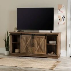 Modern Sliding Barndoor Farmhouse TV Stand for TVs up to 65" - Saracina Home White/rustic Oak
