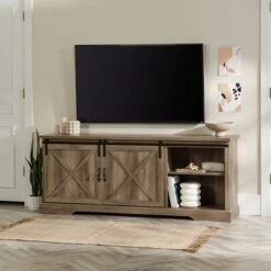 Clarabelle Double Sliding X Barn Door TV Stand for TVs up to 80" - Saracina Home Gray Wash