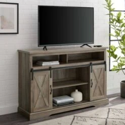 Farmhouse Sliding Barndoor Highboy TV Stand for TVs up to 58" - Saracina Home Solid White/rustic Oak