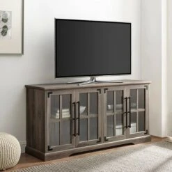 Avalene Modern Farmhouse 4 Door Glass Window Pane TV Stand for TVs up to 65" - Saracina Home Rustic Oak