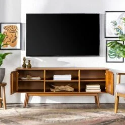 Solid Wood Mid-Century Modern TV Stand for TVs up to 65" - Saracina Home Caramel