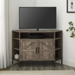 Atticus Modern Farmhouse 2 Door Corner TV Stand for TVs up to 55" - Saracina Home Rustic Oak