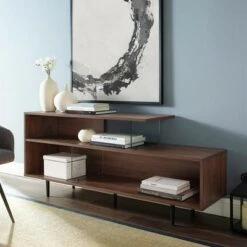 Asymmetrical Wood and Glass Console TV Stand for TVs up to 50" - Saracina Home Slate Gray