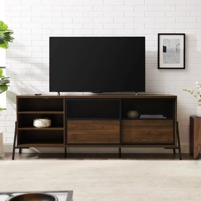 Modern Industrial Metal Mesh Sliding Door TV Stand for TVs up to 80" - Saracina Home Dark Walnut 3 Modern Industrial Metal Mesh Sliding Door TV Stand for TVs up to 80" - Saracina Home Dark Walnut