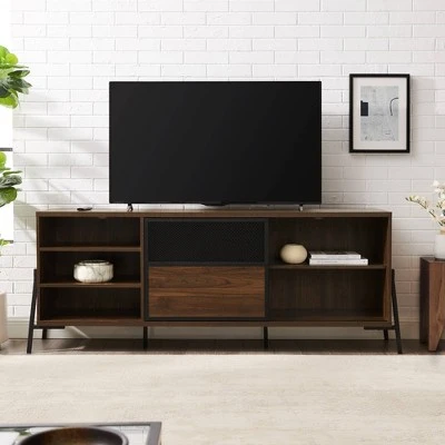 Modern Industrial Metal Mesh Sliding Door TV Stand for TVs up to 80" - Saracina Home Dark Walnut 4 Modern Industrial Metal Mesh Sliding Door TV Stand for TVs up to 80" - Saracina Home Dark Walnut - Image 2