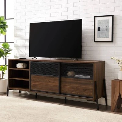 Modern Industrial Metal Mesh Sliding Door TV Stand for TVs up to 80" - Saracina Home Dark Walnut 8 Modern Industrial Metal Mesh Sliding Door TV Stand for TVs up to 80" - Saracina Home Dark Walnut - Image 6