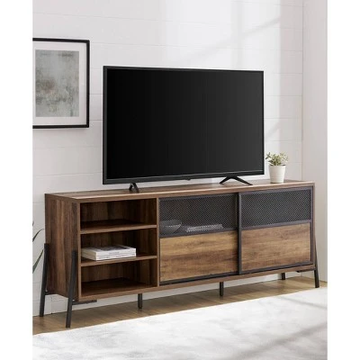 Modern Industrial Metal Mesh Sliding Door TV Stand for TVs up to 80" - Saracina Home Dark Walnut 9 Modern Industrial Metal Mesh Sliding Door TV Stand for TVs up to 80" - Saracina Home Dark Walnut - Image 7