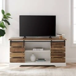 Farmhouse Sliding Slat Door Console TV Stand for TVs up to 65" - Saracina Home Rustic Oak -Cheap TV Stands Store unnamed file 4317