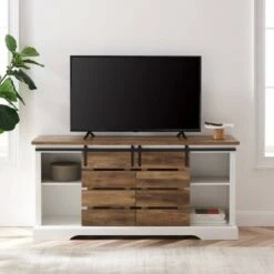 Farmhouse Sliding Slat Door Console TV Stand for TVs up to 65" - Saracina Home Rustic Oak -Cheap TV Stands Store unnamed file 4321