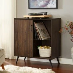 Single Door Mid-Century Modern Wood Accent TV Stand for TVs up to 32" - Saracina Home Dark Walnut