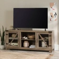 Clarabelle Farmhouse Glass Barn Door TV Stand for TVs up to 65" - Saracina Home Stone Gray