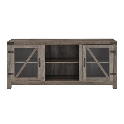 Clarabelle Farmhouse Glass Barn Door TV Stand for TVs up to 65" - Saracina Home Stone Gray 4 Clarabelle Farmhouse Glass Barn Door TV Stand for TVs up to 65" - Saracina Home Stone Gray - Image 2