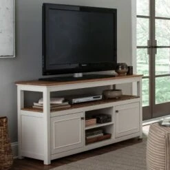 Alaterre Furniture Savannah Cabinet Natural Top Wood TV Stand for TVs up to 64" Ivory - Bolton Furniture