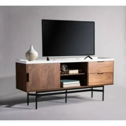 Pedro Stone Gloss TV Stand for TVs up to 55" Walnut/White/Black - Safavieh