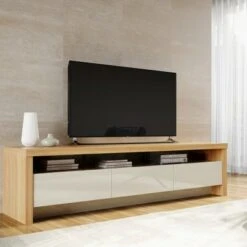 Sylvan Natural Wood with 3 Drawers TV Stand for TVs up to 70" Off White - Manhattan Comfort