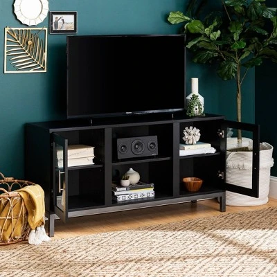 Pierceton Modern Double Glass Door with Metal Legs TV Stand for TVs up to 58" - Saracina Home Black 8 Pierceton Modern Double Glass Door with Metal Legs TV Stand for TVs up to 58" - Saracina Home Black - Image 6