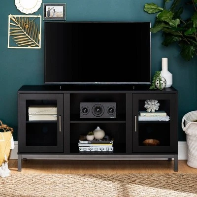 Pierceton Modern Double Glass Door with Metal Legs TV Stand for TVs up to 58" - Saracina Home Black 10 Pierceton Modern Double Glass Door with Metal Legs TV Stand for TVs up to 58" - Saracina Home Black - Image 8