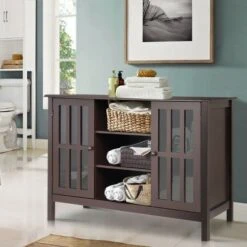 Costway Wood TV Stand Entertainment Media Center Console for TV up to 50'' Brown -Cheap TV Stands Store unnamed file 6754