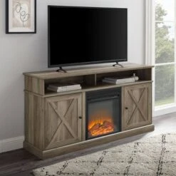 Beaux Farmhouse Barn Door with Electric Fireplace TV Stand for TVs up to 65" - Saracina Home Rustic Oak/brushed White -Cheap TV Stands Store unnamed file 684