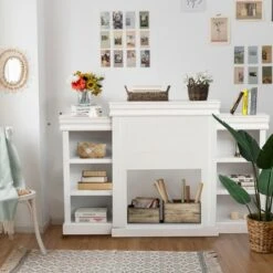 Costway 70'' Fireplace TV Stand Modern Media Entertainment Center Bookcase WhiteBlack