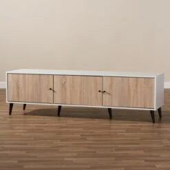 Bastien Light Oak 6 Shelf TV Stand for TVs up to 60" White/Brown - Baxton Studio