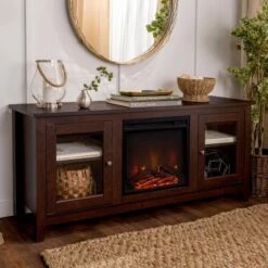 Transitional Glass Door Fireplace TV Stand for TVs up to 65" - Saracina Home Gray Wash