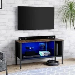 Bestier Gaming Entertainment TV Stand Center with 7 Color Lighting Glass Storage Shelf and 20 Display Modes for Living Room, 44 Inch, Rustic