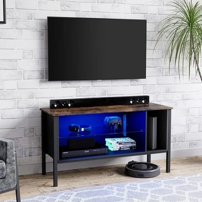 Bestier Gaming Entertainment TV Stand Center with 7 Color Lighting Glass Storage Shelf and 20 Display Modes for Living Room, 44 Inch, Rustic 2 Bestier Gaming Entertainment TV Stand Center with 7 Color Lighting Glass Storage Shelf and 20 Display Modes for Living Room, 44 Inch, Rustic