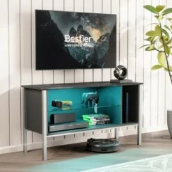 Bestier Gaming Entertainment TV Stand Center with 7 Color Lighting Glass Storage Shelf and 20 Display Modes for Living Room, 44 Inch, Marble