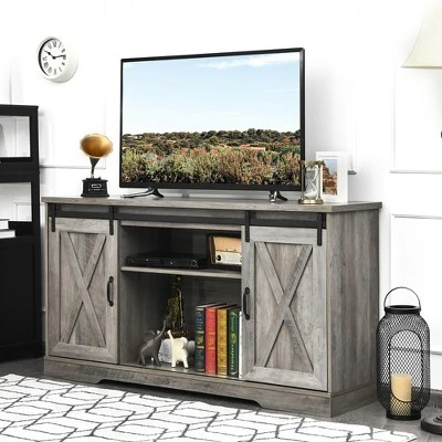 Costway 59'' Farmhouse TV Stand Sliding Barn Door Cabinet w/ Adjustable Shelf 4 Costway 59'' Farmhouse TV Stand Sliding Barn Door Cabinet w/ Adjustable Shelf - Image 2