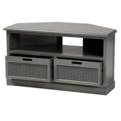 Sheldon Vintage Wood and Synthetic Rattan 2 Drawer Corner TV Stand for TVs up to 35" Gray - Baxton Studio
