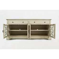 Craftsmen Series Wooden TV Stand for TVs up to 70" with Fretwork Designed Doors Cream - Benzara