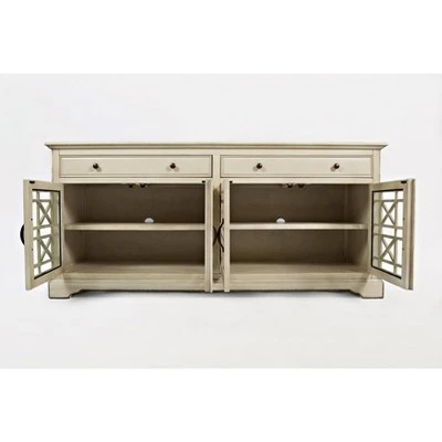Craftsmen Series Wooden TV Stand for TVs up to 70" with Fretwork Designed Doors Cream - Benzara 3 Craftsmen Series Wooden TV Stand for TVs up to 70" with Fretwork Designed Doors Cream - Benzara