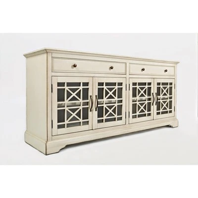 Craftsmen Series Wooden TV Stand for TVs up to 70" with Fretwork Designed Doors Cream - Benzara 4 Craftsmen Series Wooden TV Stand for TVs up to 70" with Fretwork Designed Doors Cream - Benzara - Image 2