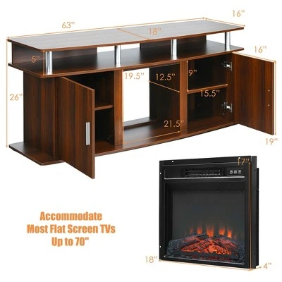 Costway 63'' Fireplace TV Stand W/18'' 1400W Electric Fireplace up to 70'' Walnut 3 Costway 63'' Fireplace TV Stand W/18'' 1400W Electric Fireplace up to 70'' Walnut