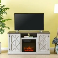 54" TV Stand for TVs up to 60" with Electric Fireplace Saw Cut Off White - Home Essentials