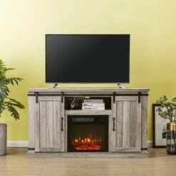 Sliding Doors Electric Fireplace TV Stand for TVs up to 60" Antique Gray Oak - Home Essentials