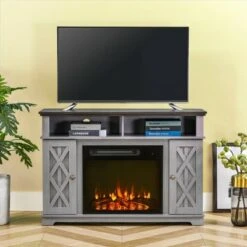48" TV Stand for TVs up to 55" with Electric Fireplace Gray - Home Essentials