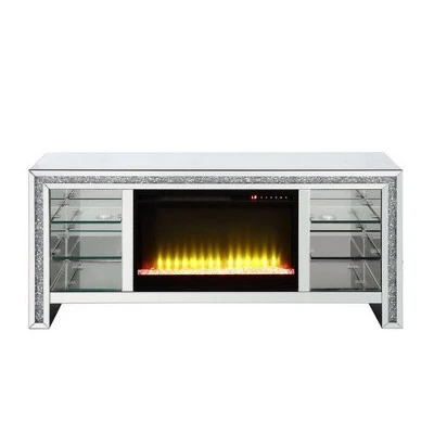 Fireplace with Three Shelves TV Stand for TVs up to 58" Silver/Black - Benzara 4 Fireplace with Three Shelves TV Stand for TVs up to 58" Silver/Black - Benzara - Image 2